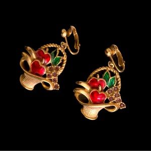 Vintage Avon Red Heart Basket Clip On Earrings Gold Tone